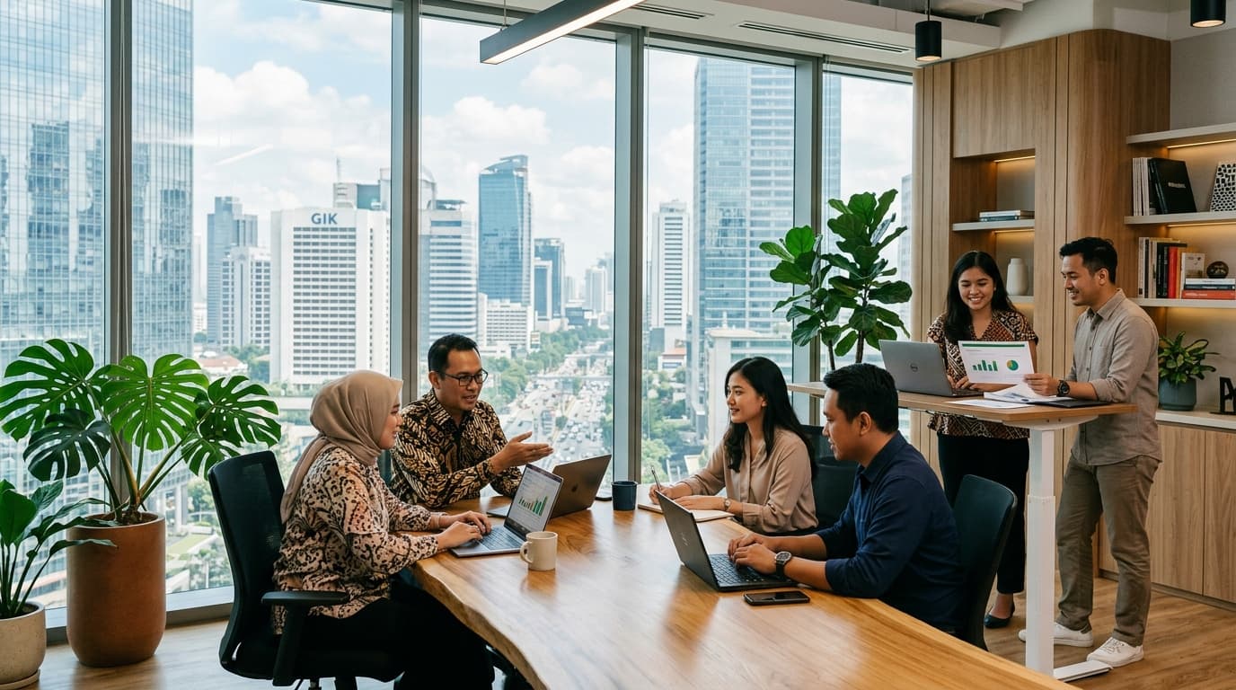 Kolaborasi tim profesional di ruang kerja perkantoran modern Jakarta