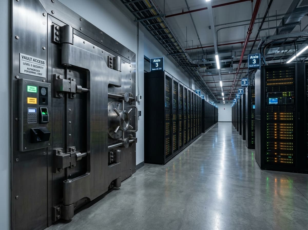 Pusat data perbankan aman dengan pintu brankas baja biometrik dan lemari server terenkripsi