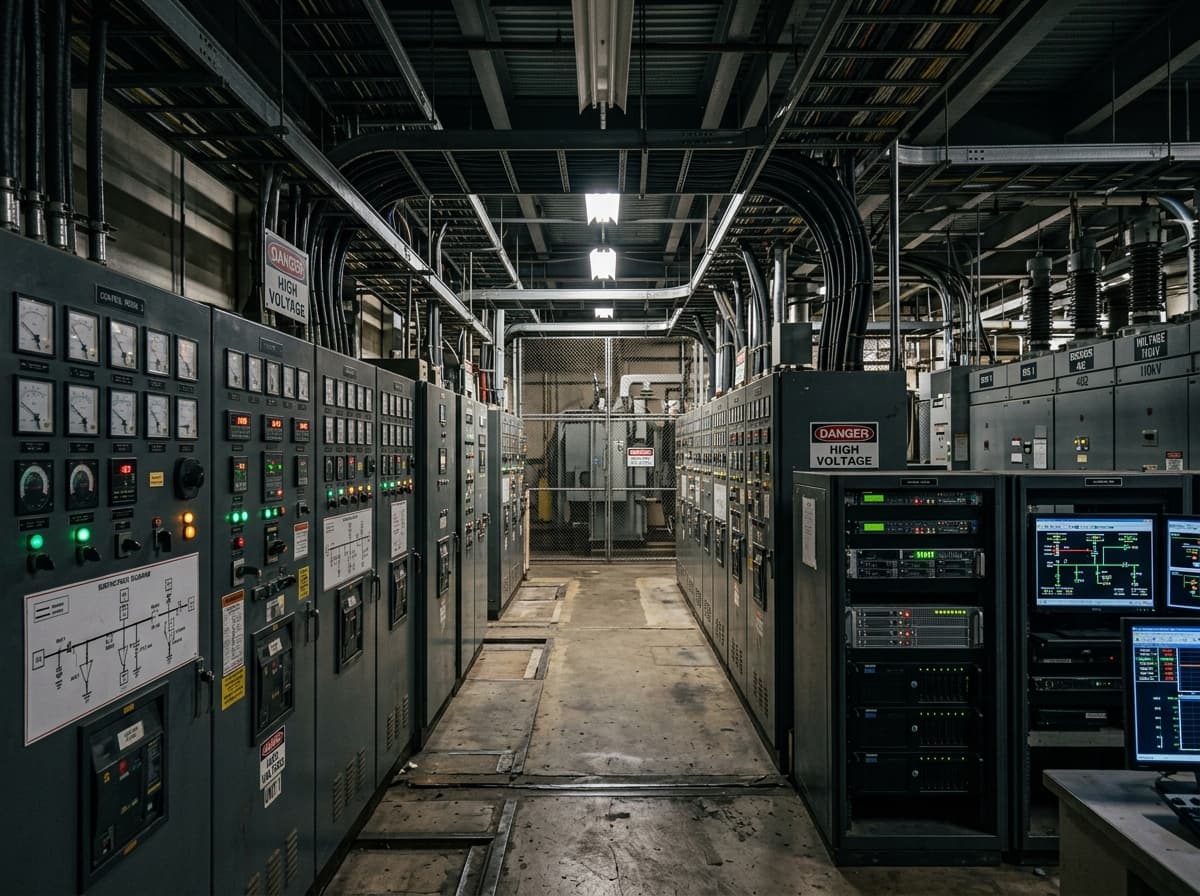 Ruang kendali pemantauan SCADA industri berat dan panel distribusi transmisi daya listrik