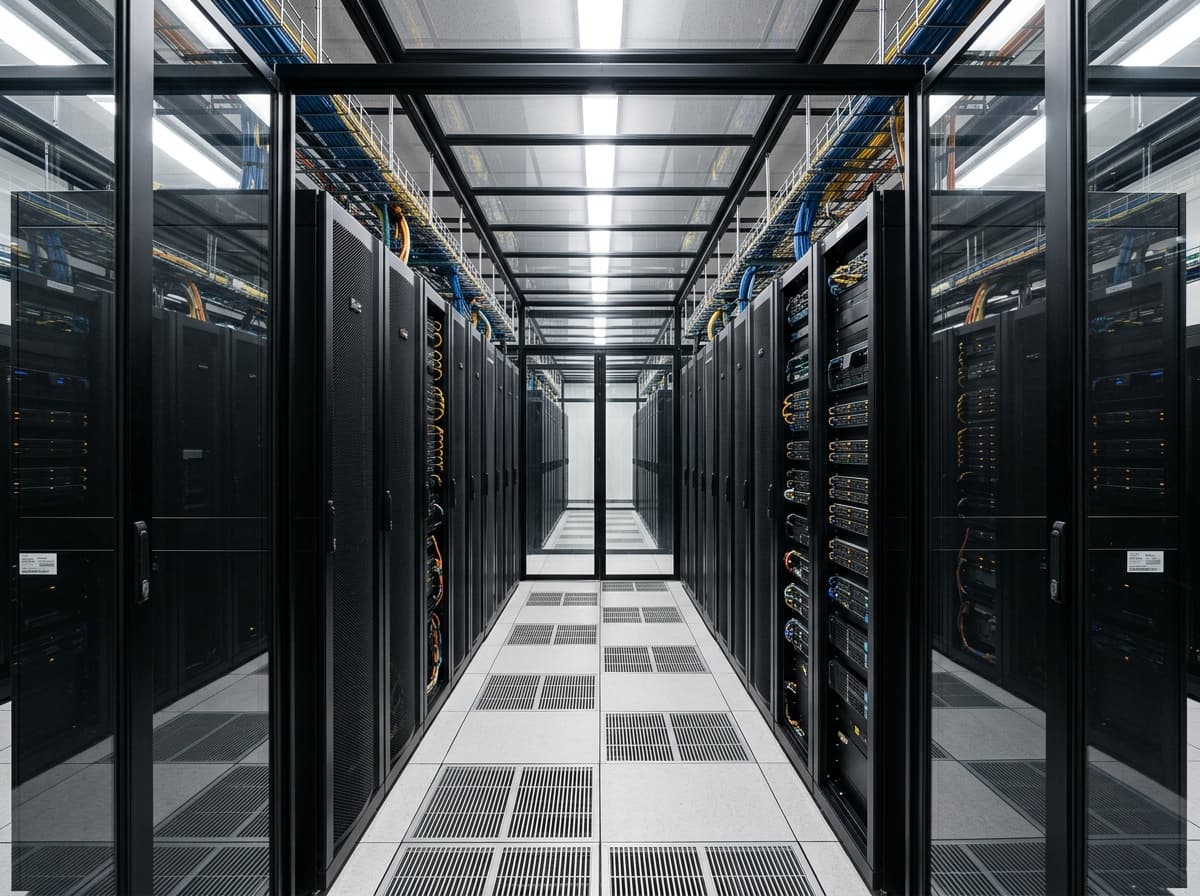 Koridor ruang server pusat data privat dengan penyimpanan terenkripsi